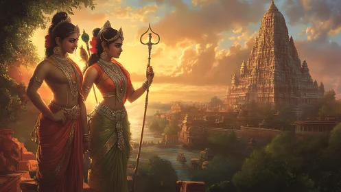 Golden evening honors serene goddesses beside riverside temple