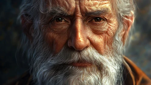 Elderly man’s wise gaze emerges from rich painterly shadows