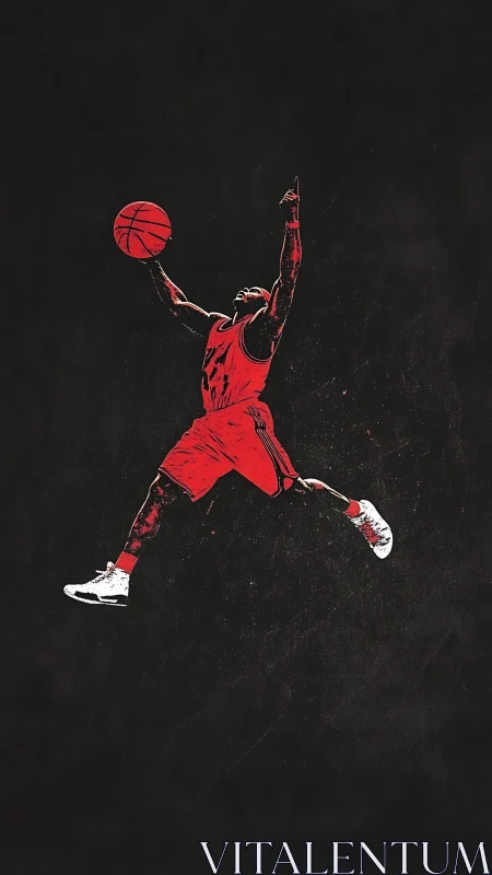 Soaring red basketball silhouette on stark black field.