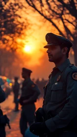Quiet sunset watch with thoughtful officer in warm light.