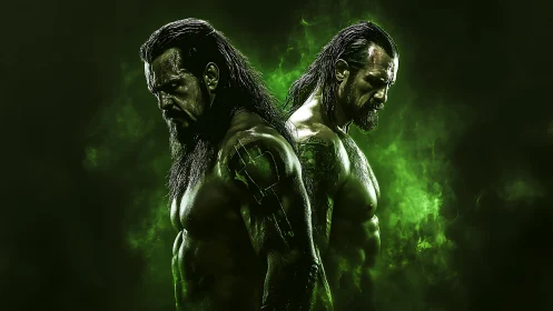 Muscular long haired men posed back to back in green light.
