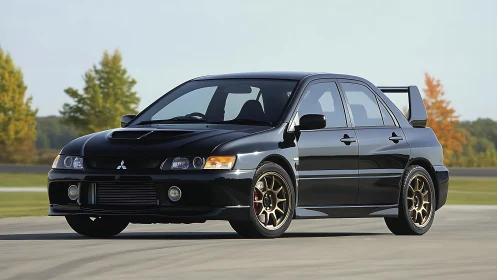 Black Mitsubishi Lancer Evolution on empty racetrack