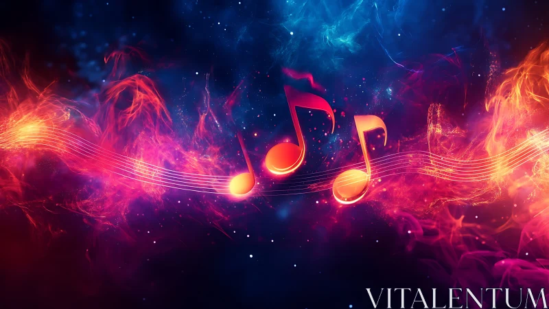 Luminous music notes swirling through neon cosmic flames.