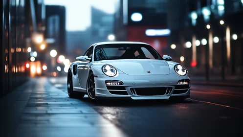 Sleek white sports car glowing under calm city night lights.