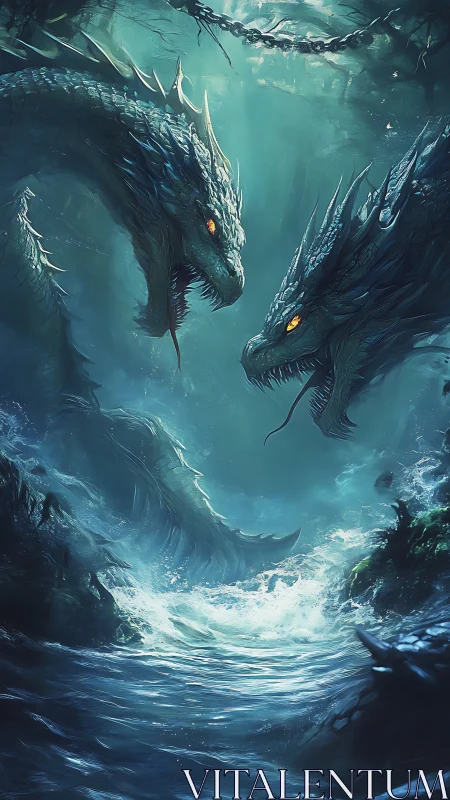 Twin sea dragons clash in storm-lashed abyssal chasm