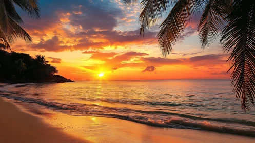 Radiant tropical sunset over serene palm-framed shoreline.