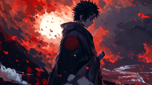 Solitary anime swordsman under red stormy sunset sky.