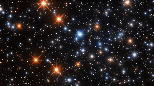 Dense starfield with blue and orange stars against black sky.