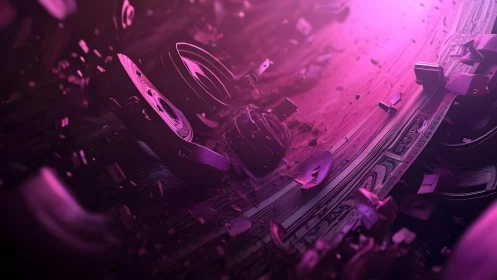 Abstract digital vortex in vivid pink with shattered geometric forms.