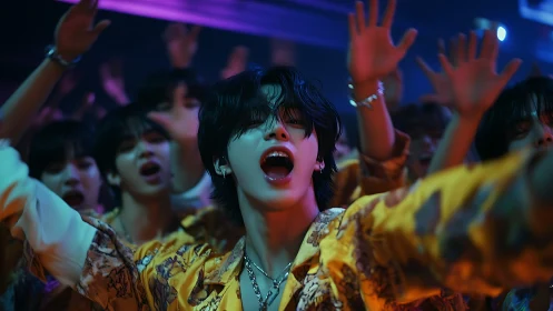 Energetic crowd singer leads a neon lit nightclub celebration