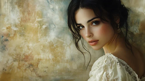 Soft gaze beneath gilded light on weathered painterly wall.