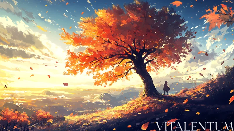 Silhouette under orange autumn tree on windy sunset hillside.