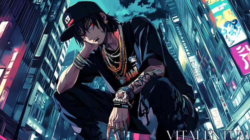 Urban anime rebel crouches under neon city lights at night