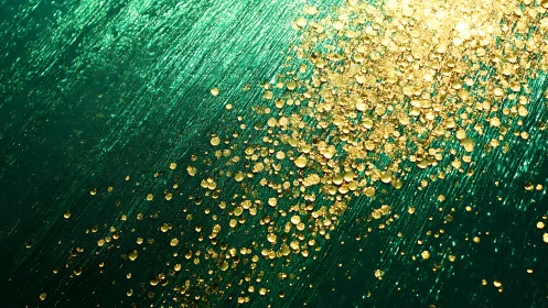Gold stardust cascades across emerald cosmic currents.