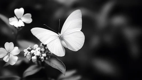 High-contrast monochrome macro of white butterfly in flight