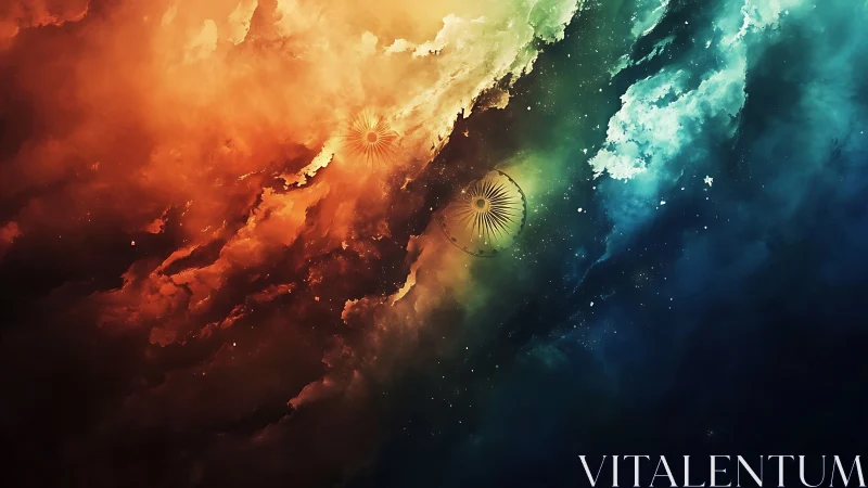 Nebula tricolor expanse with radiant circular mandalas.