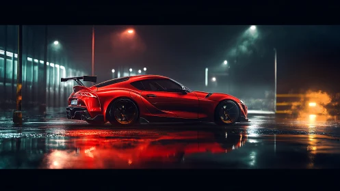 Red sports coupe on wet urban street at night in profile view.