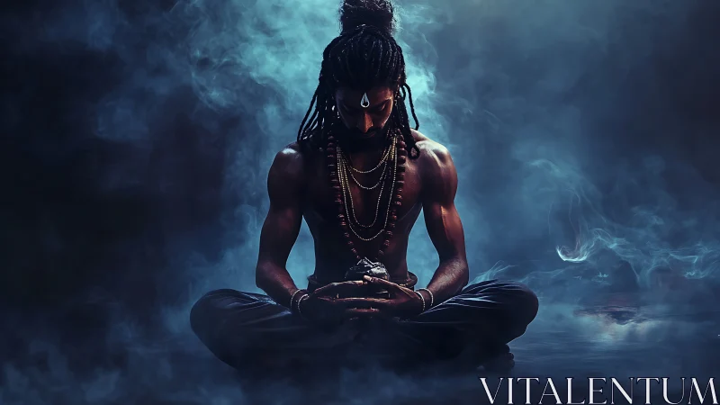 Mystic yogi meditates in smoke-filled blue atmosphere.