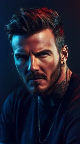 Intense male portrait under neon edge lighting, blue red contrast