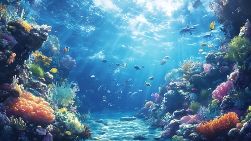 Vibrant coral reef seascape with diverse tropical marine life.