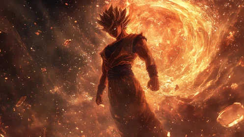 Silhouetted anime warrior stands before vortex of molten energy