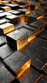 Molten light sneaks between iron cubes in a rising gridscape