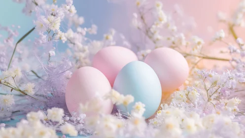 Soft pastel Easter eggs resting in dreamy spring blooms.