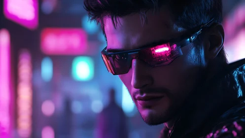 Neon-lit cyberpunk vigilante with glowing visor at night.