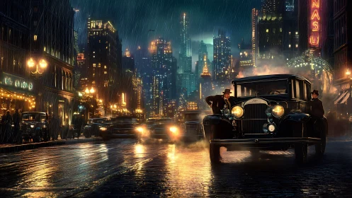 Rainy noir city street with vintage car and glowing lights.