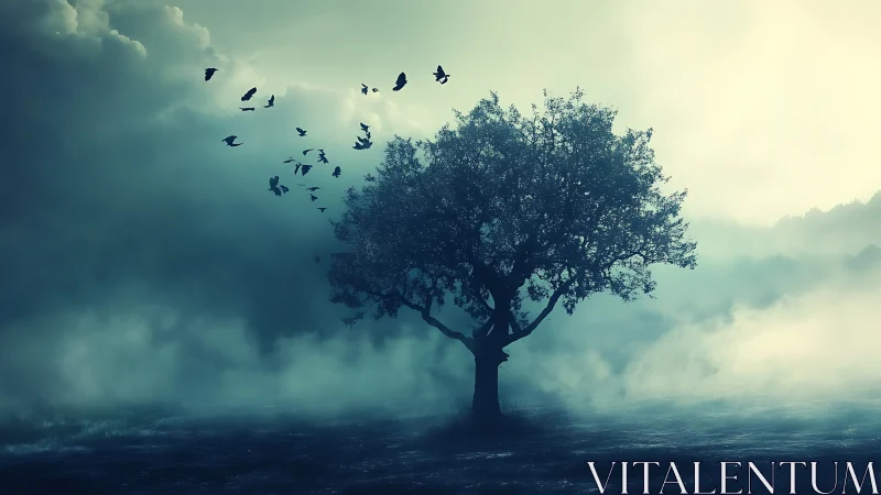 Solitary tree stands in misty twilight as dark birds rise