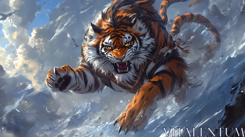 Tiger charges through snow with dynamic frontal perspective