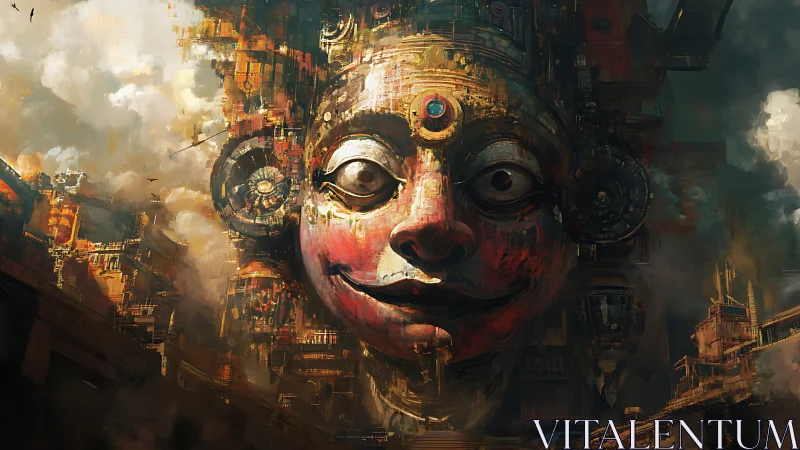 Colossal smiling mask amid dense industrial clouds.