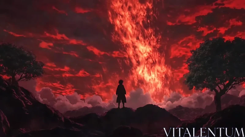 Fiery sky pours down as a lone figure quietly stands watching
