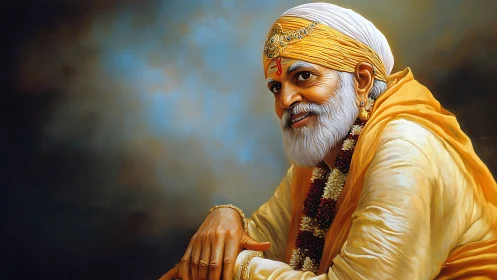 Golden robed spiritual elder in ornate devotional portrait.