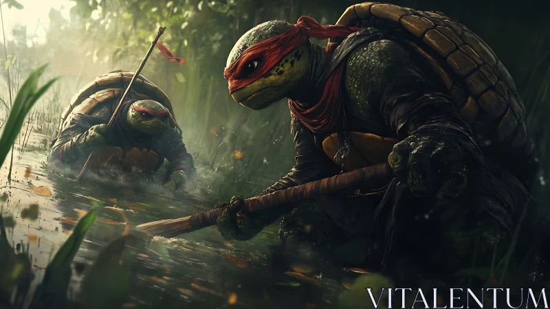 Armored mutant turtles stalking prey in misty swamp.