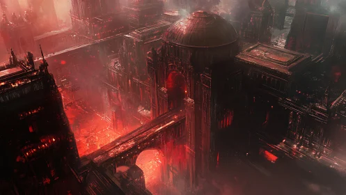 Cathedral-scale infernal megastructure in molten red haze
