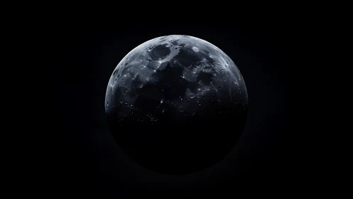 Lunar sphere rendered in stark monochrome cosmic void.