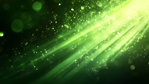 Abstract green light rays with glowing particles in digital art style.