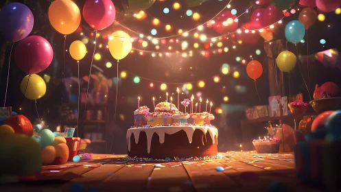 Illuminated Birthday Celebration with Layered Lighting, Chocolate Cake, and Suspended Balloons
