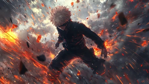 Dynamic anime hero in explosive diagonal composition.