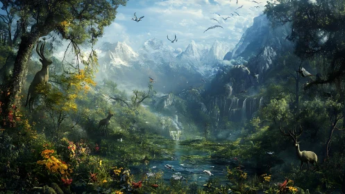 Deer stand in dense forest clearing before icy mountain range.