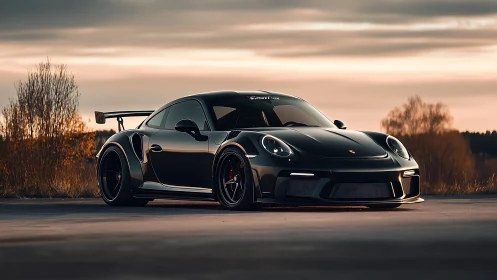Sleek black sports car soaking up the golden evening light.