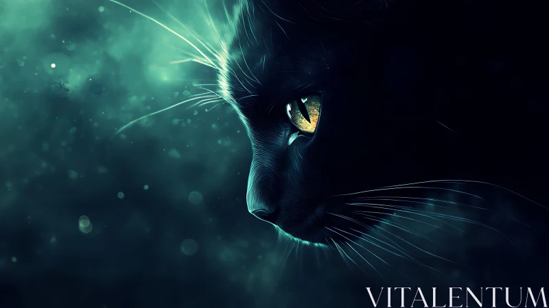 Black cat face with glowing golden eyes in emerald light