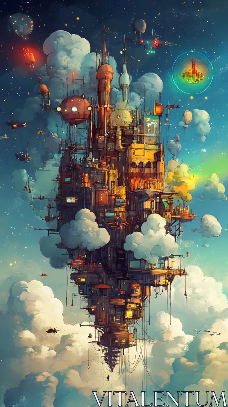 Skyborne city of clouds and lights drifting through stars.