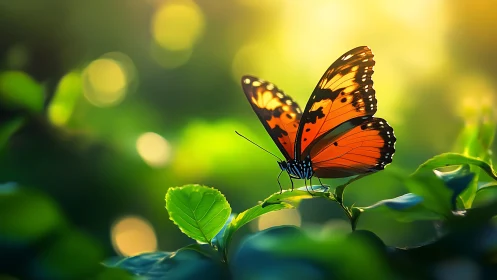 Butterfly with orange wings on green foliage in soft light.