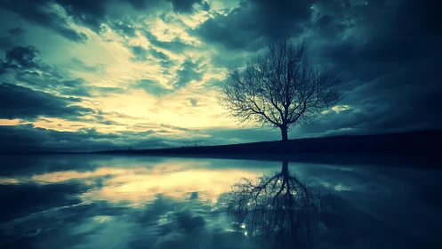 Solitary tree silhouette mirrored in cyan-toned twilight water