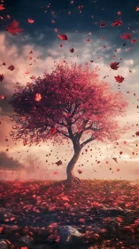 Solitary crimson tree sheds autumn leaves in a cinematic gale