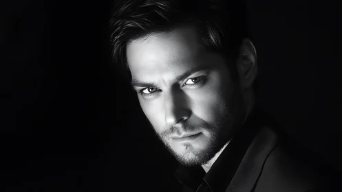 Monochrome dramatic male portrait with hard side lighting.
