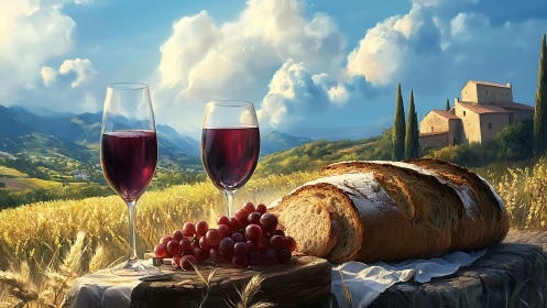 Tuscan Vineyard Harvest: Wine, Bread, and Rolling Landscape.