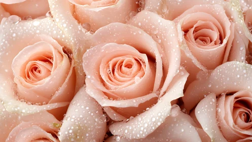 Peach Roses Glistening with Dew Drops.